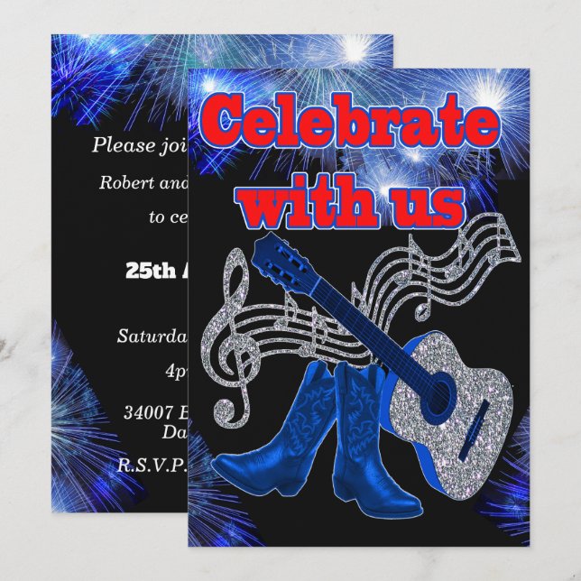 Convites Música Country Western Guitarra Azul e Botas de Co (Frente/Verso)