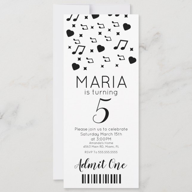 Convites Música de Concerto Fofa   Estilo de Bilhete de Fes (Frente)
