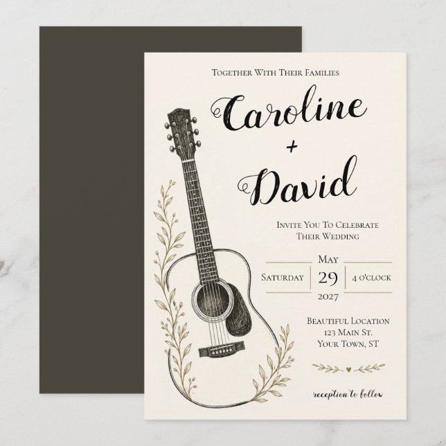 Convites Música de Guitarra Casamento Rústico Elegante  (Frente/Verso)