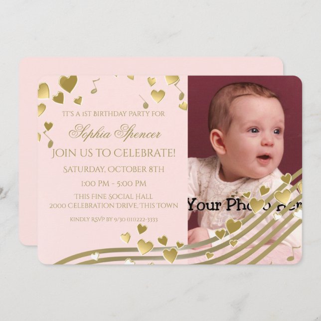 Convites Música e Corações do Primeiro Aniversário (Frente/Verso)