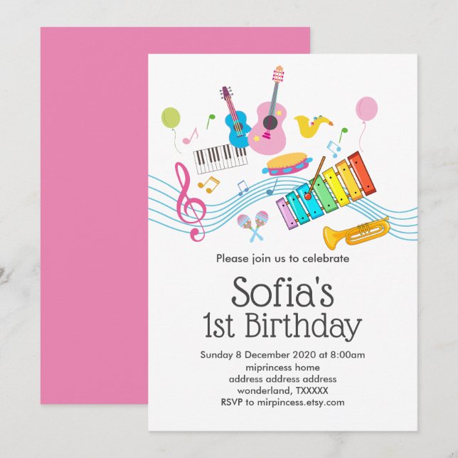 Convites música, instrumentos musicais, tambores cantando (Frente/Verso)