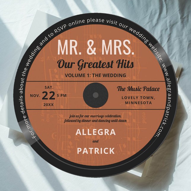 Convites Música Nossos Maiores Ataques Retro Casamento outo (music wedding invitation vinyl record vintage retro terracotta mr mrs greatest hits fall autumn)