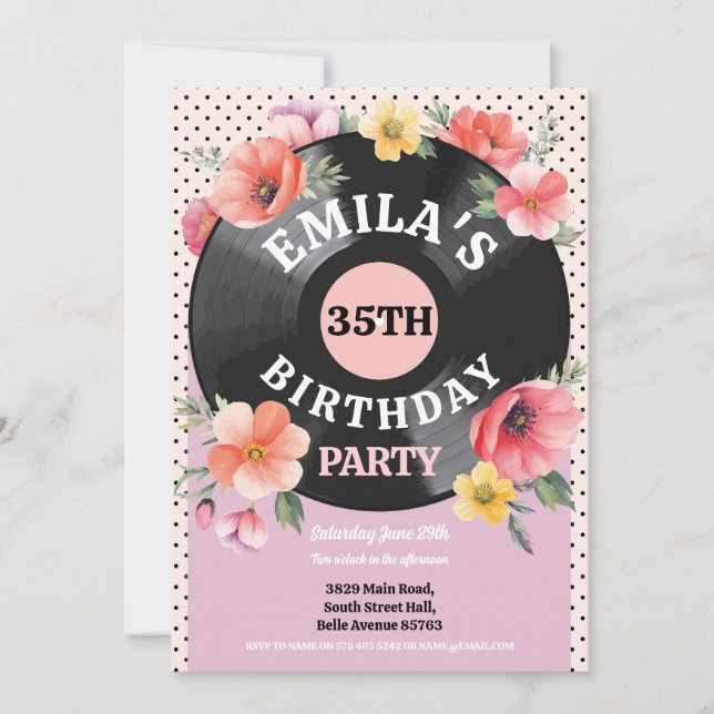 Convites Música Record Birthday Floral 1950s Mulheres (Frente)