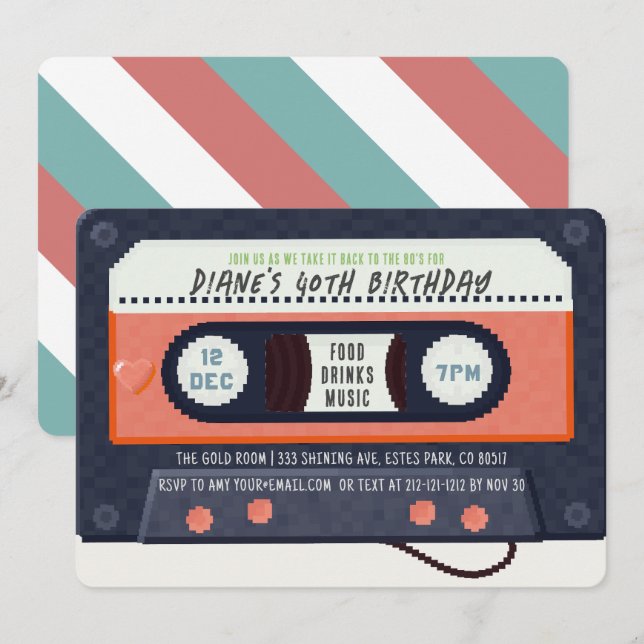 Convites Música Red Birthday de fita cassete de anos 80 ret (Frente/Verso)