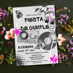 Convites Música Retro Espanhola Sem Idade Aniversário Preto