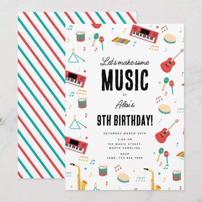 Convites Musical Instruments Music Theme Birthday Party (Frente/Verso)