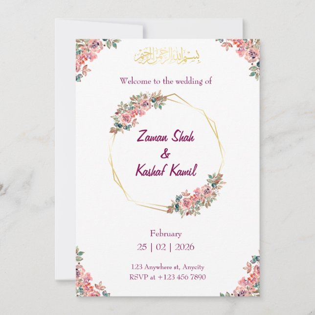 Convites Muslim wedding invitation Floral Nikkah invitation (Frente)