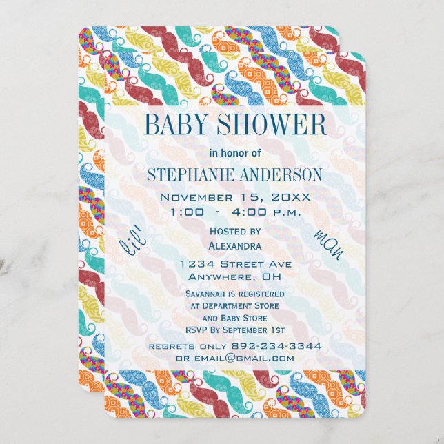 Convites Mustache Lil' Sr. Lil' Man Retro Chá de fraldas (Frente/Verso)