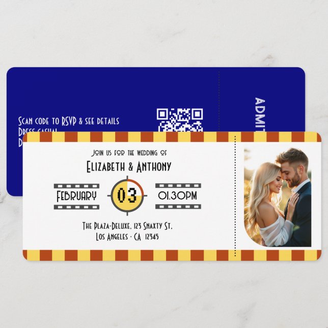 Convites Mustard Yellow, Rust & Navy Cinema Ticket Wedding (Frente/Verso)