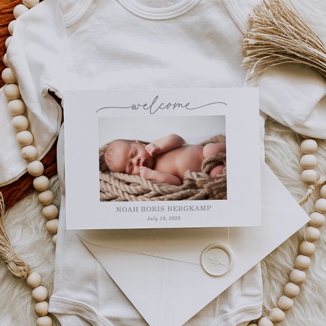 Convites Muted Gray Baby Photo Welcome Announcement Card (Criador carregado)