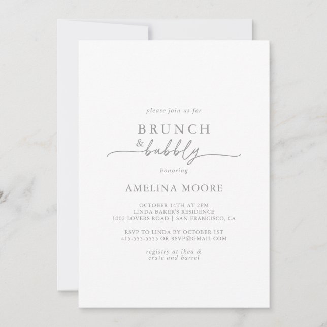 Convites Muted Gray Minimal Brunch and Bubbly Bridal Shower (Frente)