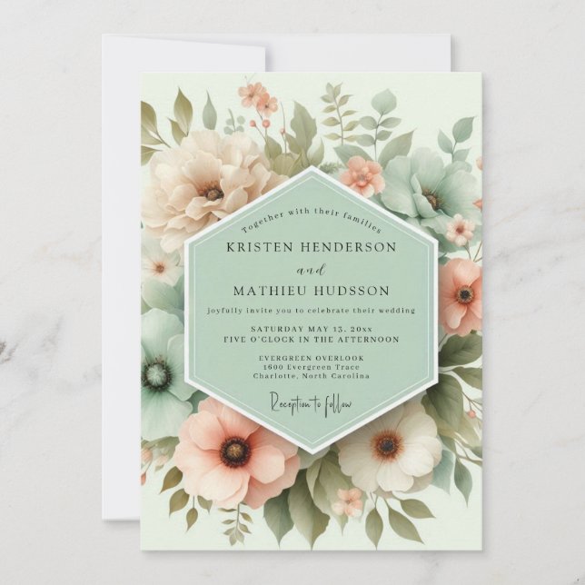 Convites Muted Green Floral Whimsy Wedding (Frente)