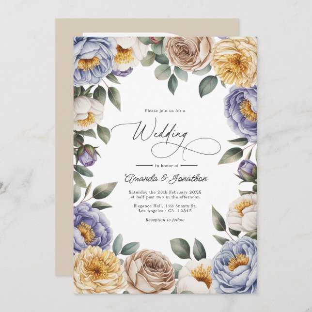 Convites Muted Periwinkle, Buttercream, and Greige Wedding (Frente/Verso)