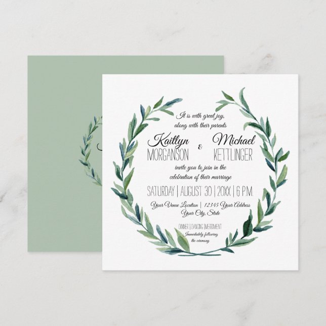 Convites Muted Sage Laurel Wreath Olive Leaf Branch Modern (Frente/Verso)