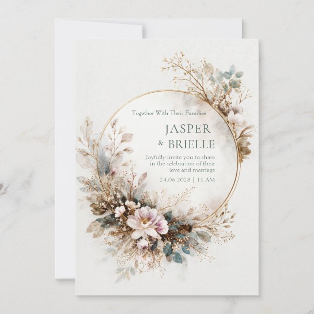 Convites Muted Teal Watercolor Gold Circle Wedding (Frente)