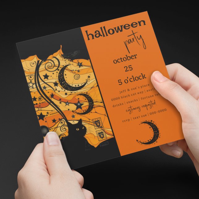 Convites Mystical Black Cat e Celestial Símbolos Halloween (Mystical black hat and celestial symbols on customizable Halloween Party Invitations )