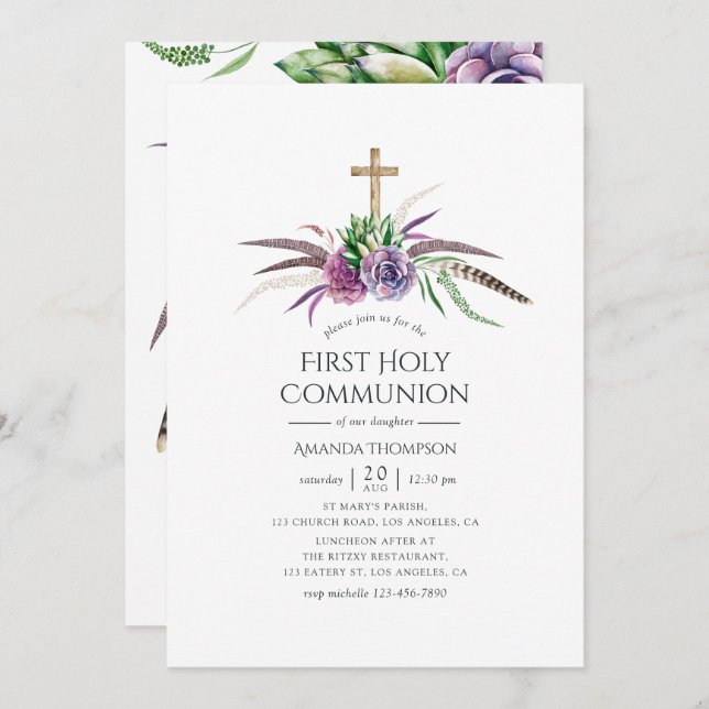 Convites Mystical Boho Succulents Primeira Comunhão Sagrada (Frente/Verso)