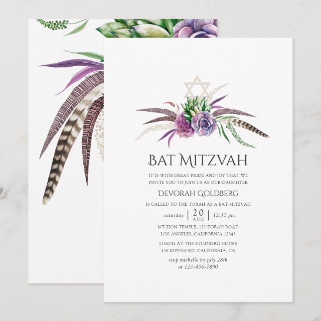 Convites Mystical Boho Suculentas Bat Mitzvah (Frente/Verso)