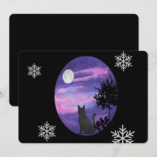 Convites Mystical Cat Under Moon – Dreamy Purple Night Wate (Frente/Verso)