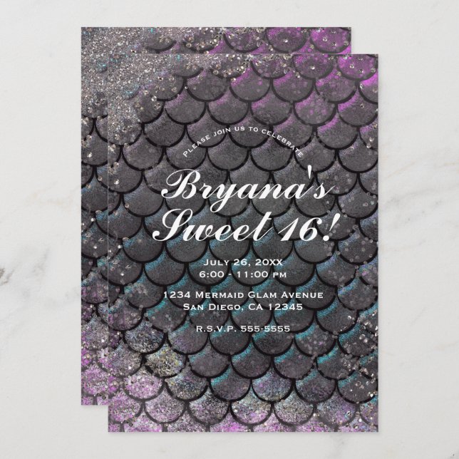 Convites Mystical Pink Silver Glitter Sereia Sweet 16 (Frente/Verso)