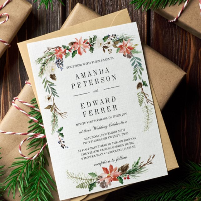 Convites Mystical Winter | Casamento Floral (WINTER FLOWER BERRIES PINECONES POINSETTIA formal wedding invitation. CHRISTMAS TIME CELEBRATION)