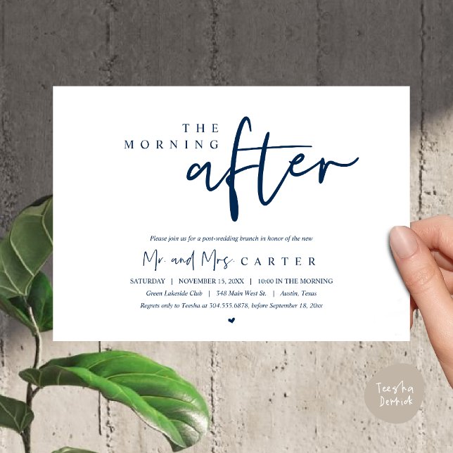 Convites Na manhã seguinte, poste a celebração do brunch do (The Morning After, Post Wedding Brunch Invitation Card PDF Beautiful Summer Classy Navy Blue)