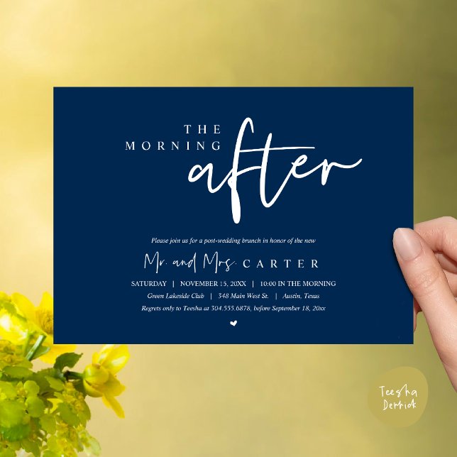 Convites Na manhã seguinte, poste a celebração do brunch do (The Morning After, Post Wedding Brunch Invitation Card PDF Beautiful Summer Classy Navy Blue)
