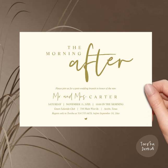 Convites Na manhã seguinte, poste a celebração do brunch do (The Morning After, Post Wedding Brunch Invitation Card PDF Beautiful Summer Yellow Gold)