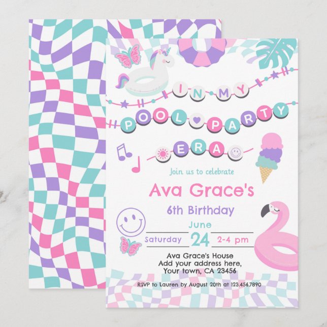 Convites Na minha Festa de aniversário da Festa Piscina (Frente/Verso)