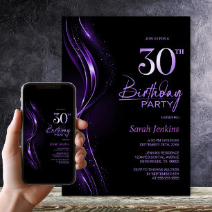 Convites Na moda, aniversário de 30 anos preto e roxo