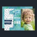 Convites Na Moda | Azul | Aquarela | Primeiro aniversário |<br><div class="desc">Convidado de tendências para seu garotinho que envelhece um ano,  com um grande em aquarela e em fundo de pontos</div>
