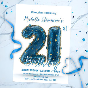 Convites Na moda Azul brilhante e aniversário de 21 anos Do