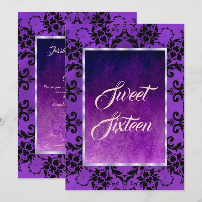 Convites Na moda Black Damask & Gothic Purple Sweet 16 (Frente/Verso)