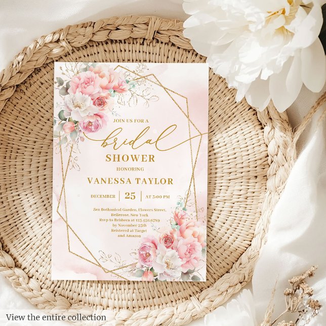 Convites Na moda Boho Blush Dourado Frame Chá de panela Con (Stylish Boho Blush Gold Frame Bridal Shower Invite)