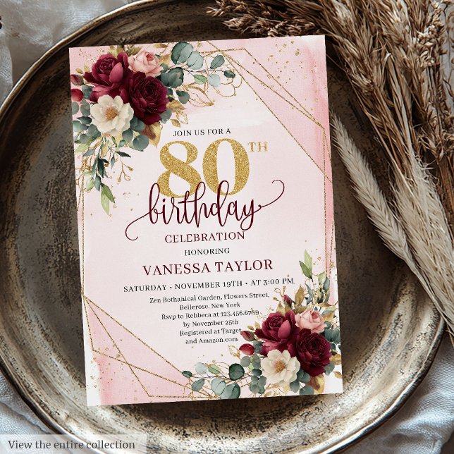 Convites Na moda boho maroon gold rosa aniversário (Stylish boho maroon gold roses 80th birthday invitation

)