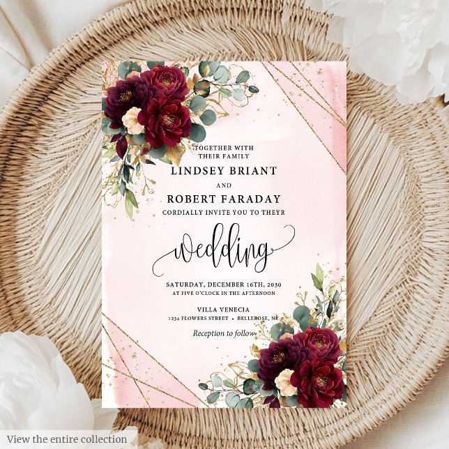 Convites Na moda Boho Marsala Dourado Casamento de Flores E (Stylish Boho Marsala Gold Blush Flowers Wedding Invitation)
