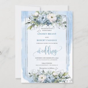 Convites Na moda Boho Pastel Blue Silver Peonies Casamento