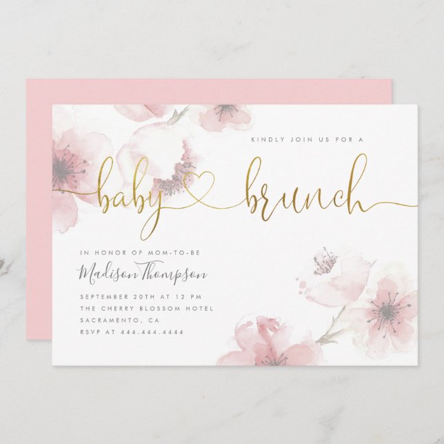 Convites Na moda Cherry Blossom Dourado Bebê Chá Brunch (Frente/Verso)
