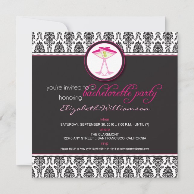 Convites Na moda Damask Bachelorette Invite (rosa) (Frente)