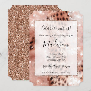 Convites Na moda Dourada e Leopardo Branco Glitter