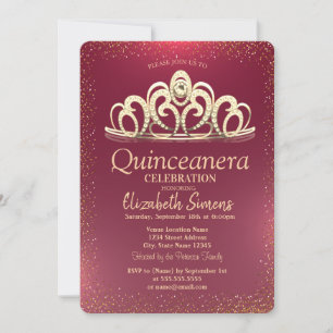 Convites Na moda Dourado Confetti Tiara Burgundy Quinceañe