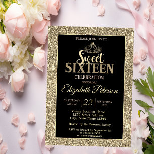 Convites Na moda Elegante Dourada Tiara, Glitter Doce 16 Fe