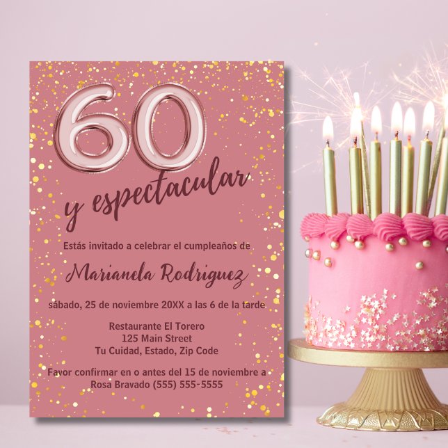 Convites Na moda Elegante Rosa Dourado 60º aniversário Espa (Criador carregado)