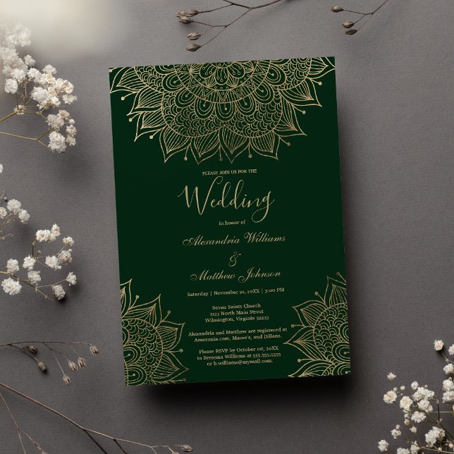 Convites Na moda floresta verde ouro floral mandala Casamen (Stylish forest green gold floral mandala Wedding)