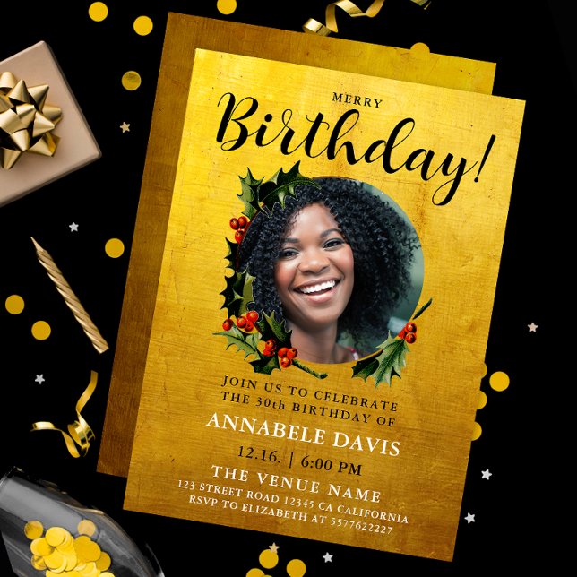 Convites Na moda Glam Dourada Foto de aniversário do Wreath (Criador carregado)