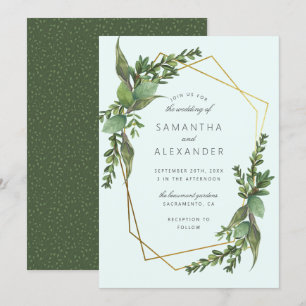 Convites Na moda Greenery Mint e Dourado Casamento Geométr