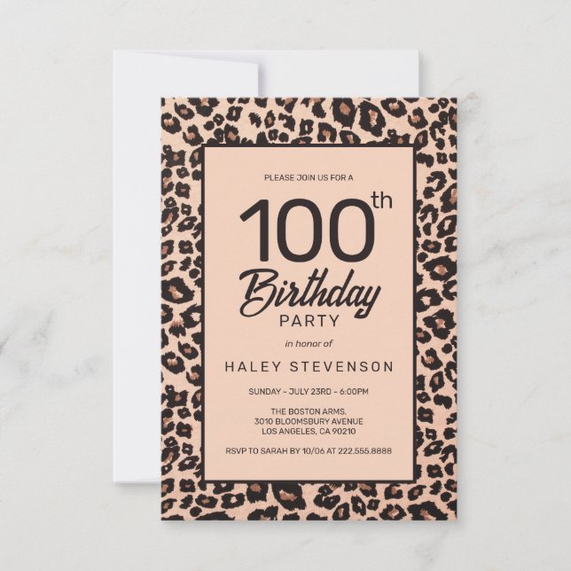 Convites Na moda Leopard Animal Print Trendy 100th Birthday (Frente)