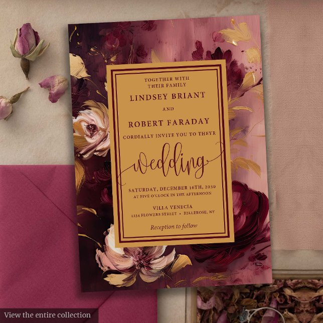 Convites Na moda Lux Merlot Blush Dourado Casamento Floral (Stylish Lux Merlot Blush Gold Floral Wedding Invitation)