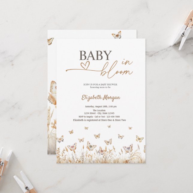 Convites Na moda Meadow Butterflies Baby in Bloom (Frente/Verso In Situ)