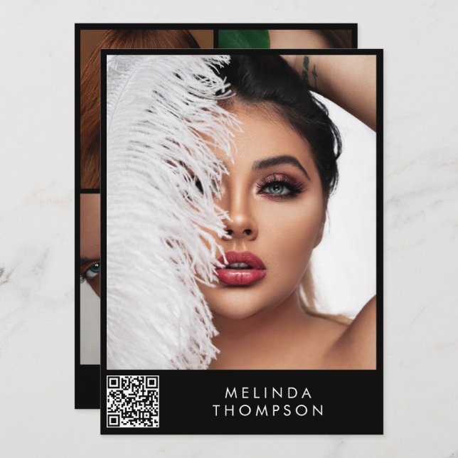 Convites Na moda Modelando a placa Comp 5 Photo QR Code Bla (Frente/Verso)